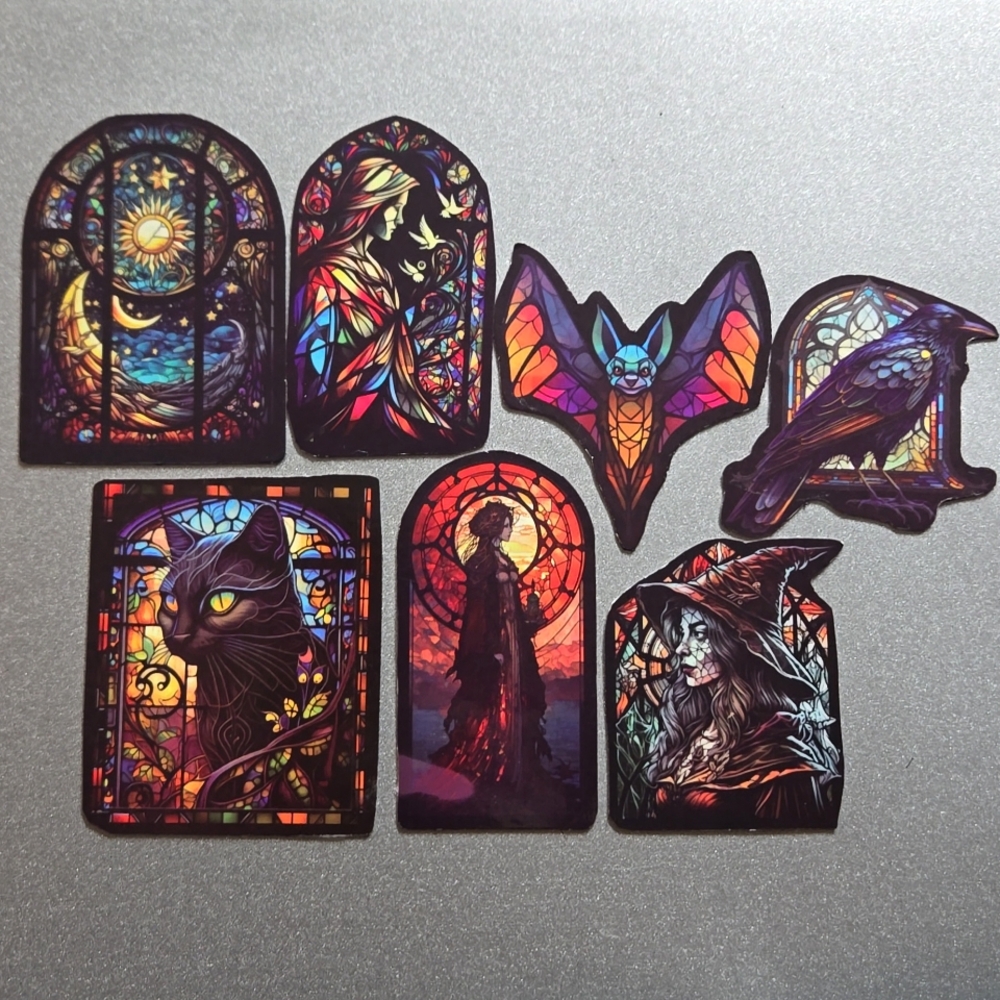 7 Gothic Stained Glass Magnets Custom Cat Crow Bat and Witch~ Handmade